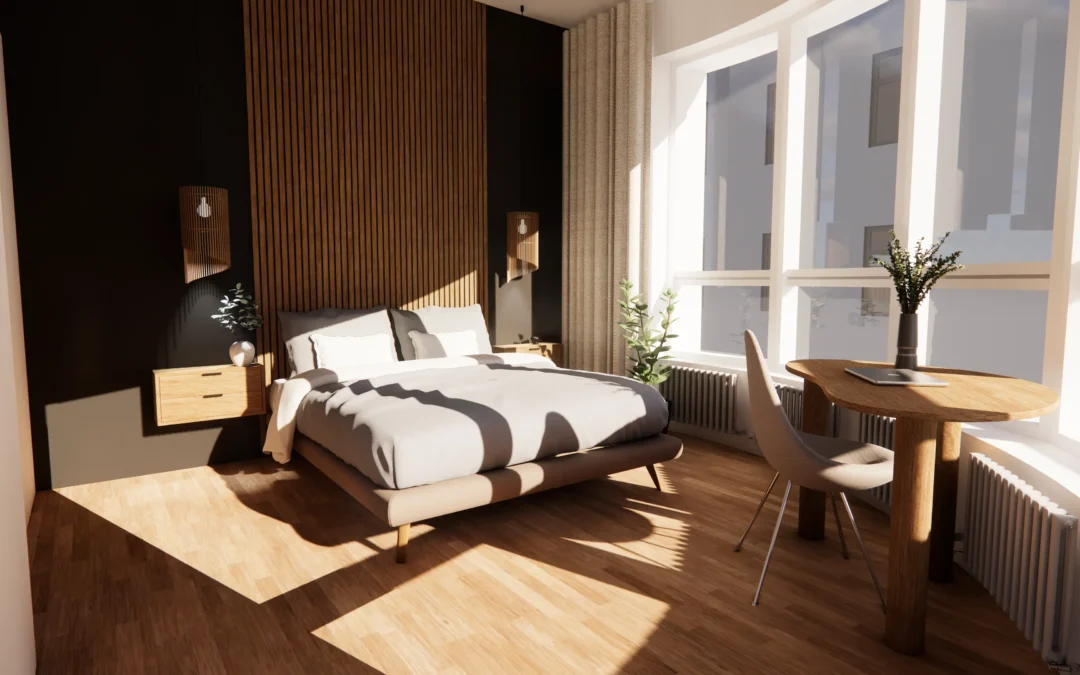 Rounded Bedroom with Grey Colors and Oak