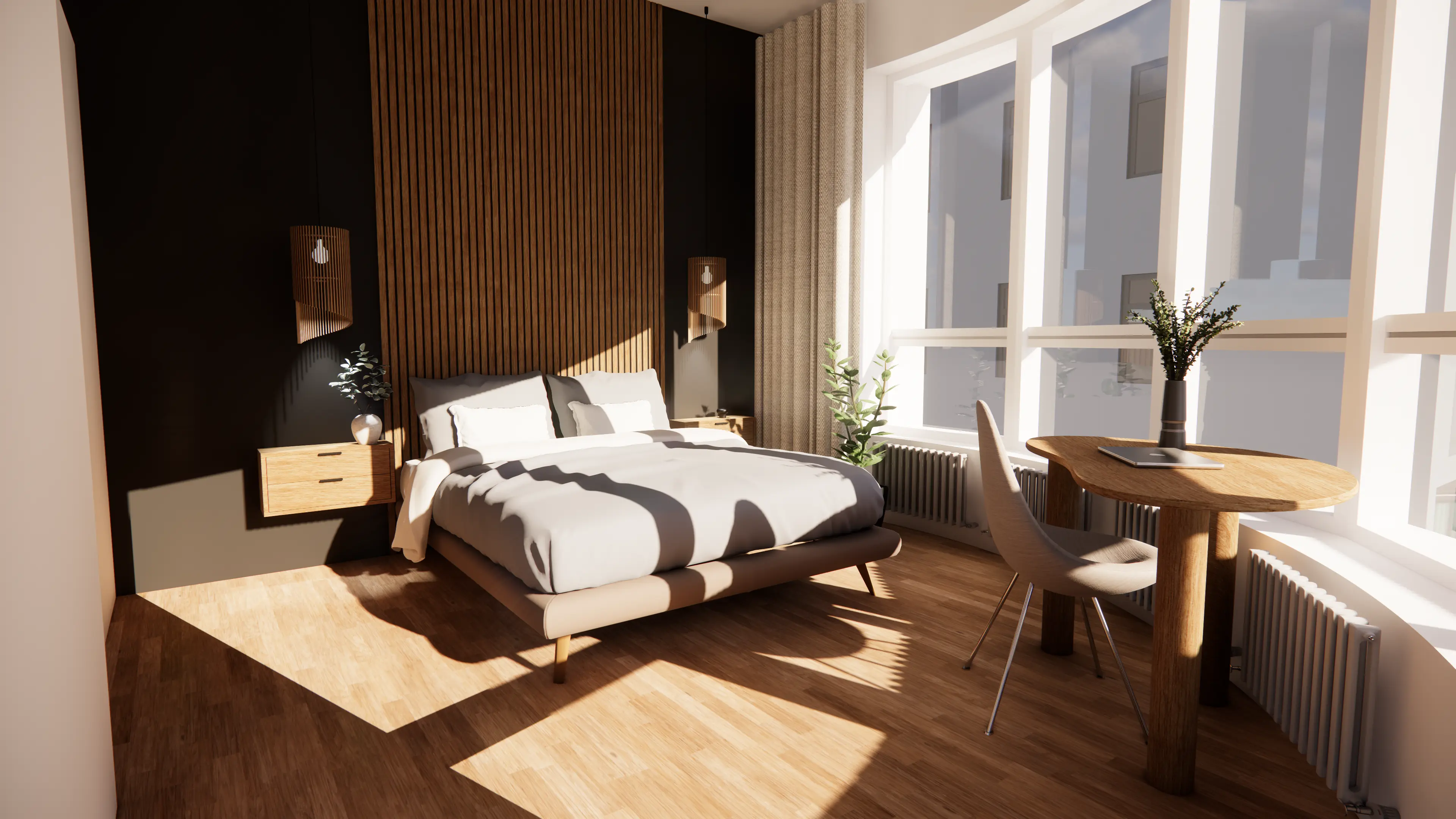 Rounded Bedroom with Grey Colors and Oak